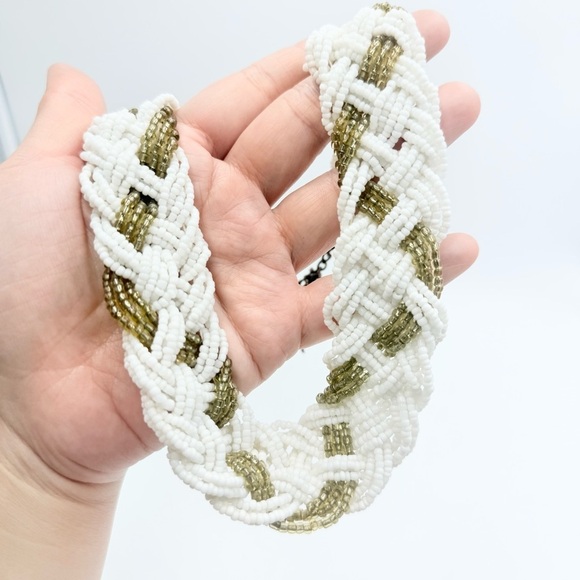 Vintage Gold White Braided Seed Bead Torsade Necklace - Picture 4 of 7
